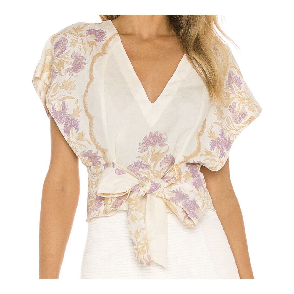 Free People Arielle Linen Blend Short Sleeve Ivory Purple Crop Top Bow Tie XS - Picture 1 of 16